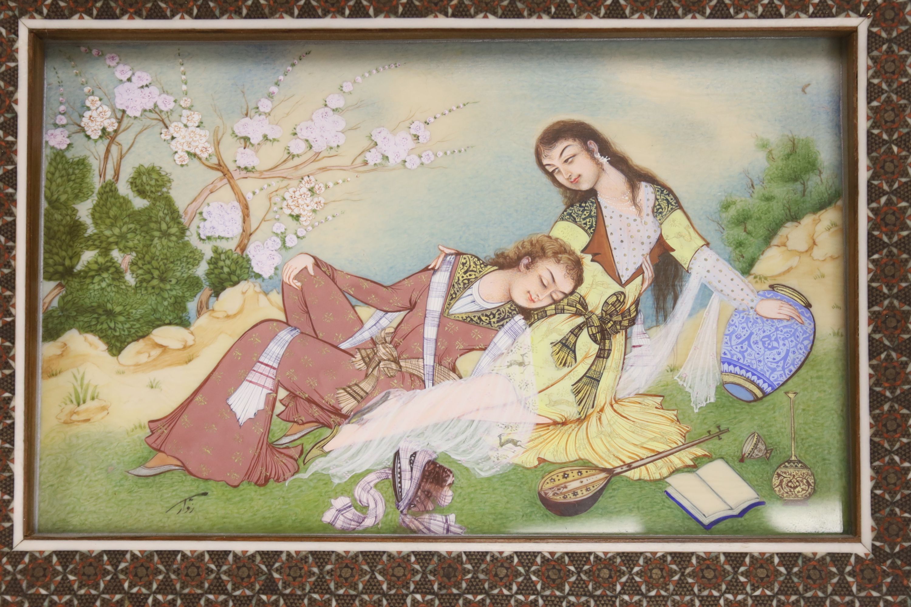 Eleven Persian hand-painted miniatures in decorative Khatam frames
